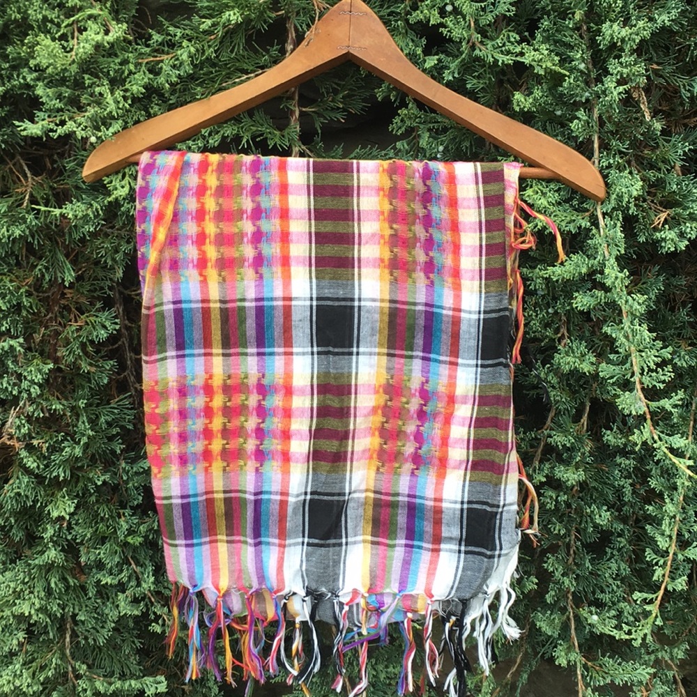 Multicolored rainbow plaid striped tassel scarf